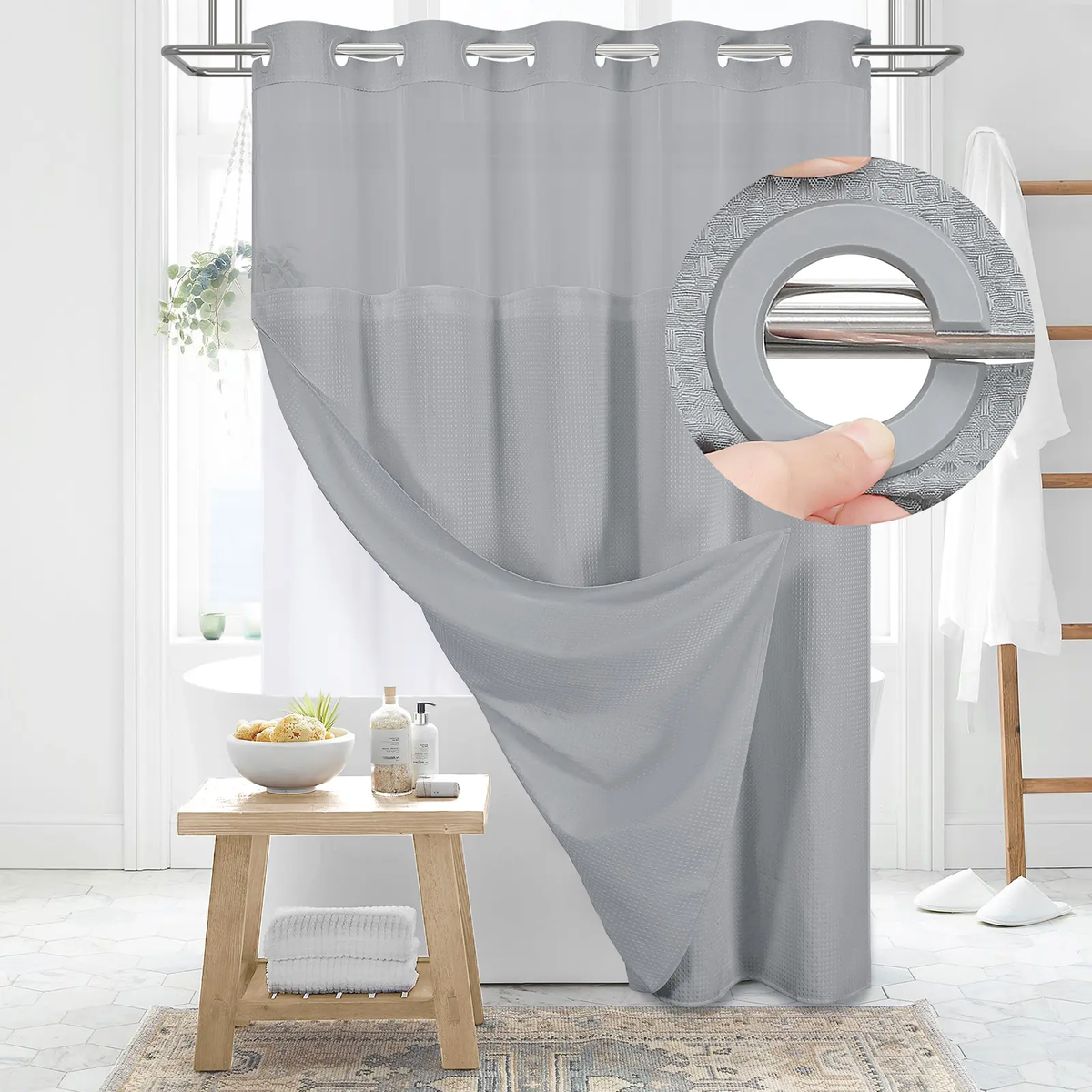 No-Hook Shower Curtains with Snap-in Fabric Detachable Liner Set