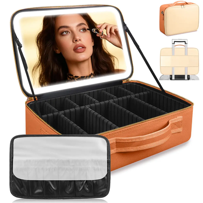 Travel Makeup Bag with LED mirror Cosmetic Bag Adjustable Dividers