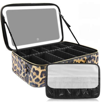 Travel Makeup Bag with LED mirror Cosmetic Bag Adjustable Dividers