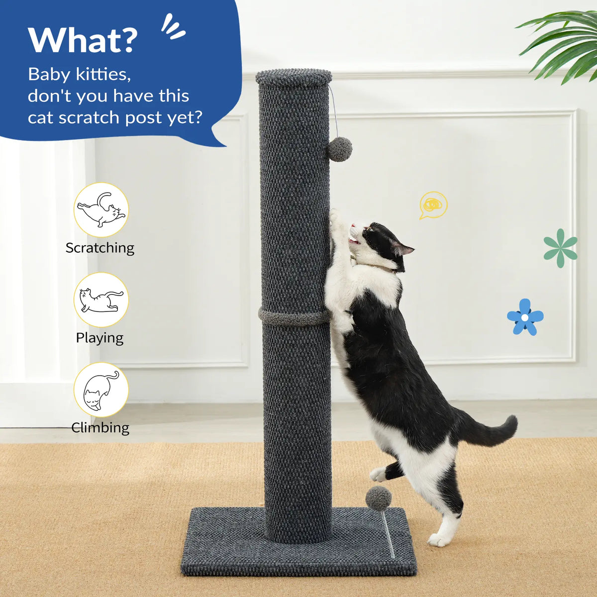 🐈Vertical Sisal Scratcher Sturdy Base with Replaceable Spring Toy