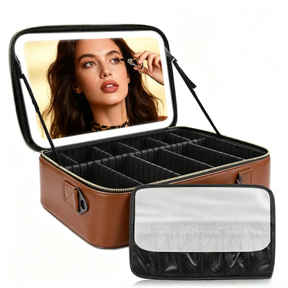 Travel Makeup Bag with LED mirror Cosmetic Bag Adjustable Dividers