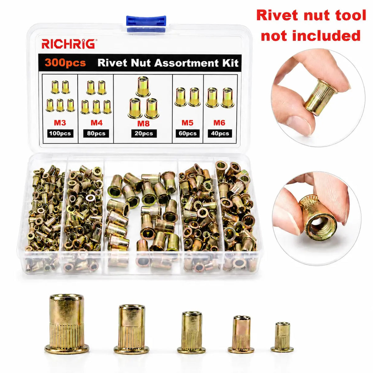 Head Rivet Nut Tool, M3 M4 M5 M6 M8 Rivnut Kit