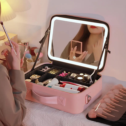 Travel Makeup Bag with LED mirror Cosmetic Bag Adjustable Dividers
