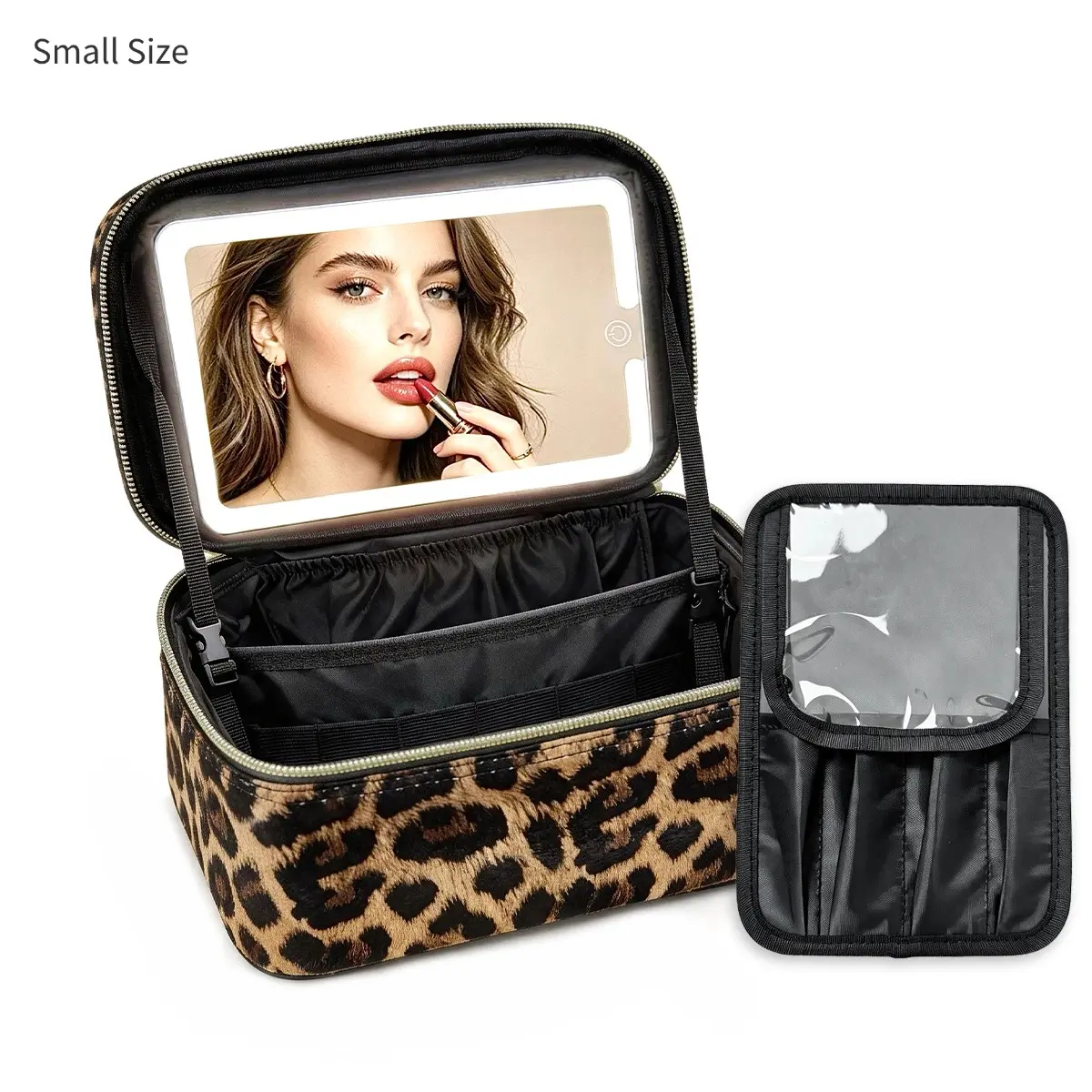 Travel Makeup Bag with LED mirror Cosmetic Bag Adjustable Dividers