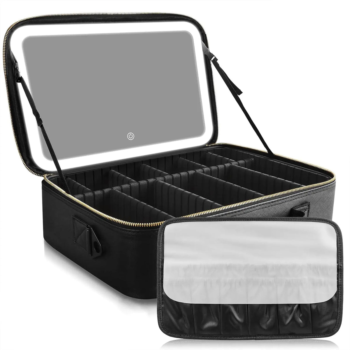 Travel Makeup Bag with LED mirror Cosmetic Bag Adjustable Dividers