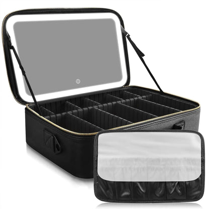 Travel Makeup Bag with LED mirror Cosmetic Bag Adjustable Dividers