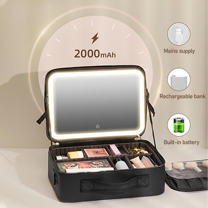 Travel Makeup Bag with LED mirror Cosmetic Bag Adjustable Dividers