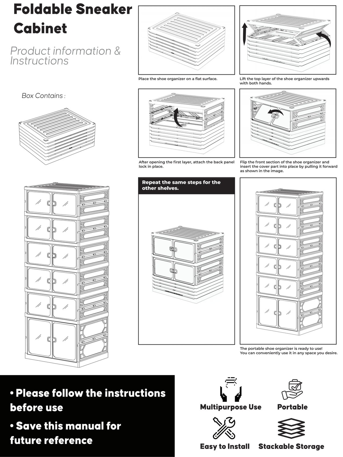 Expandable and Portable Plastic Shoe Rack with Clear Doors