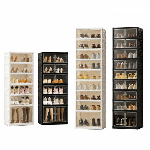 Expandable and Portable Plastic Shoe Rack with Clear Doors