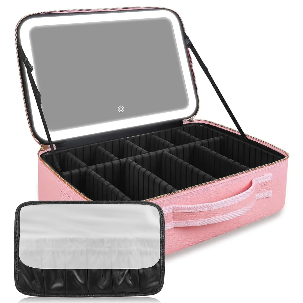 Travel Makeup Bag with LED mirror Cosmetic Bag Adjustable Dividers