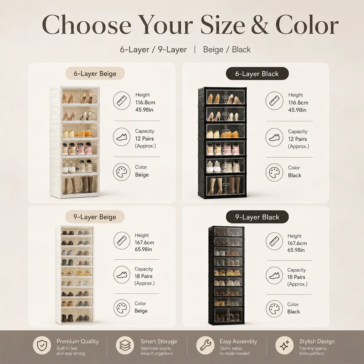 Expandable and Portable Plastic Shoe Rack with Clear Doors