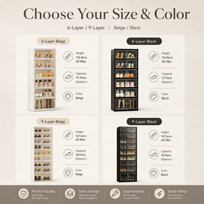 Expandable and Portable Plastic Shoe Rack with Clear Doors