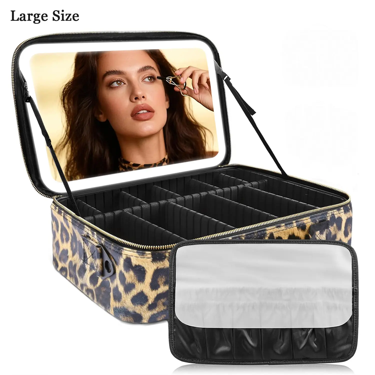 Travel Makeup Bag with LED mirror Cosmetic Bag Adjustable Dividers