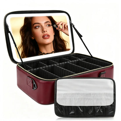Travel Makeup Bag with LED mirror Cosmetic Bag Adjustable Dividers