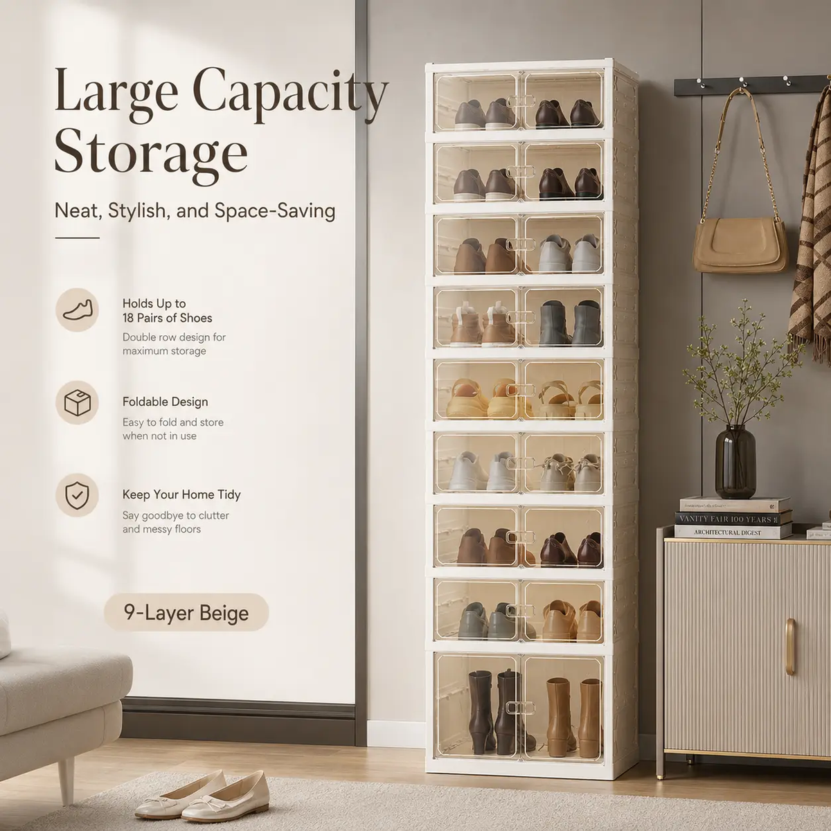 Expandable and Portable Plastic Shoe Rack with Clear Doors