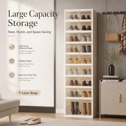 Expandable and Portable Plastic Shoe Rack with Clear Doors