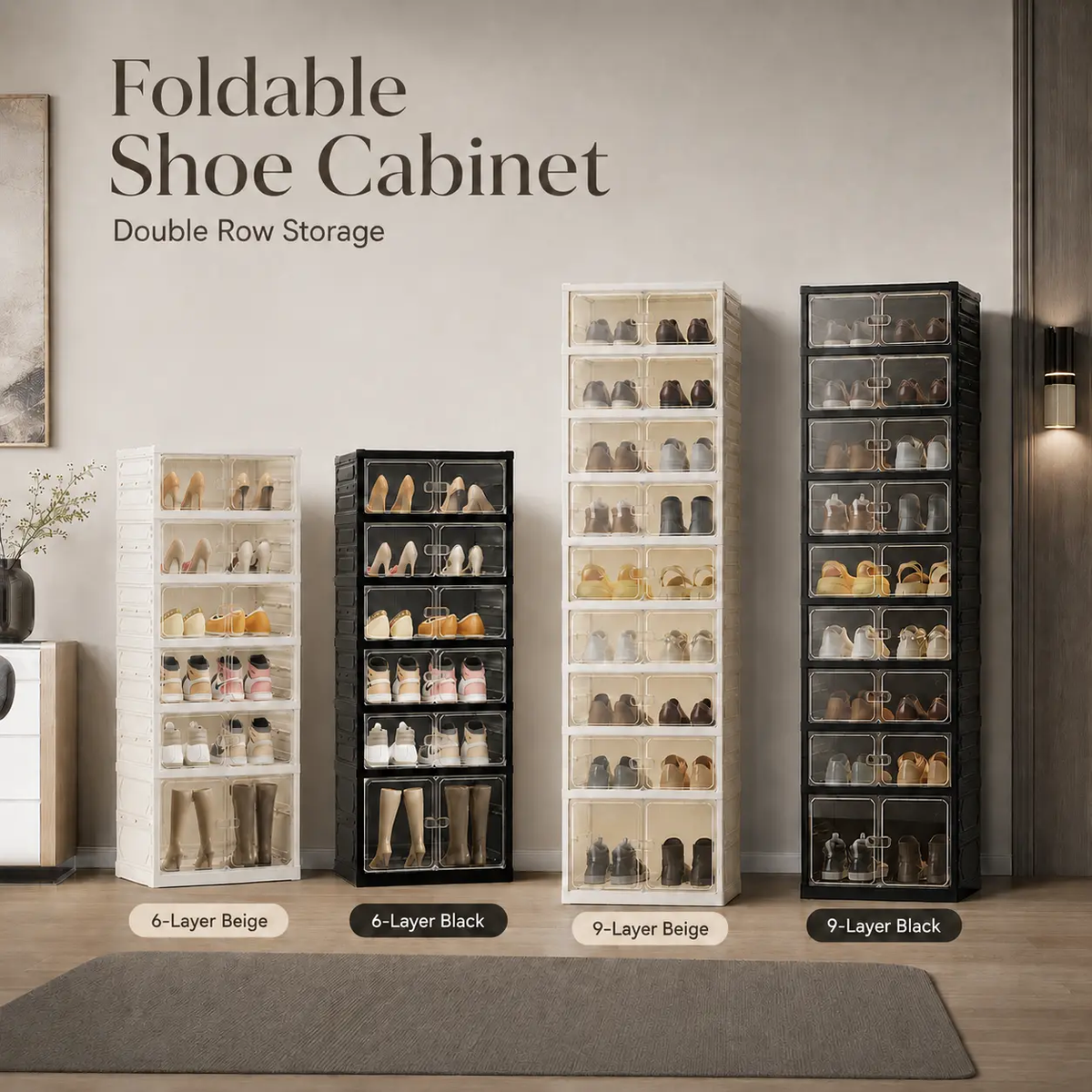 Expandable and Portable Plastic Shoe Rack with Clear Doors